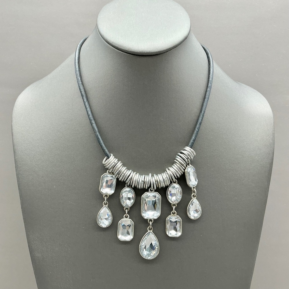 Premier Designs Necklace Women Black Silver Tone Crystal Statement Cord Jewelry